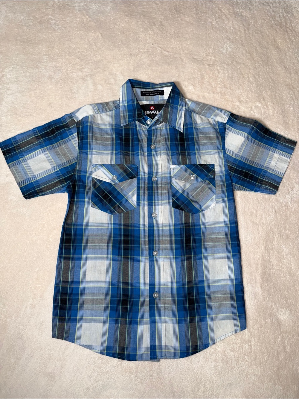 Airwalk Boys Size 8 Short Sleeve Blue Plaid Button Down Shirt Classic Pockets